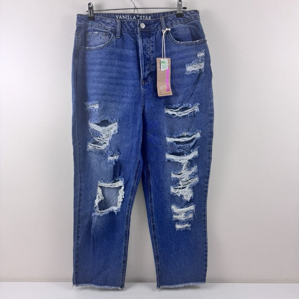 Vanilla Star Womens Jeans 32/15 Blue Denim Medium Wash 90s Boyfriend Distressed
